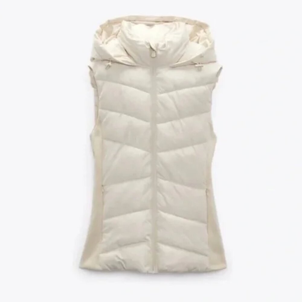 Zara Cream Water-Repellent Puffer Vest with Hood